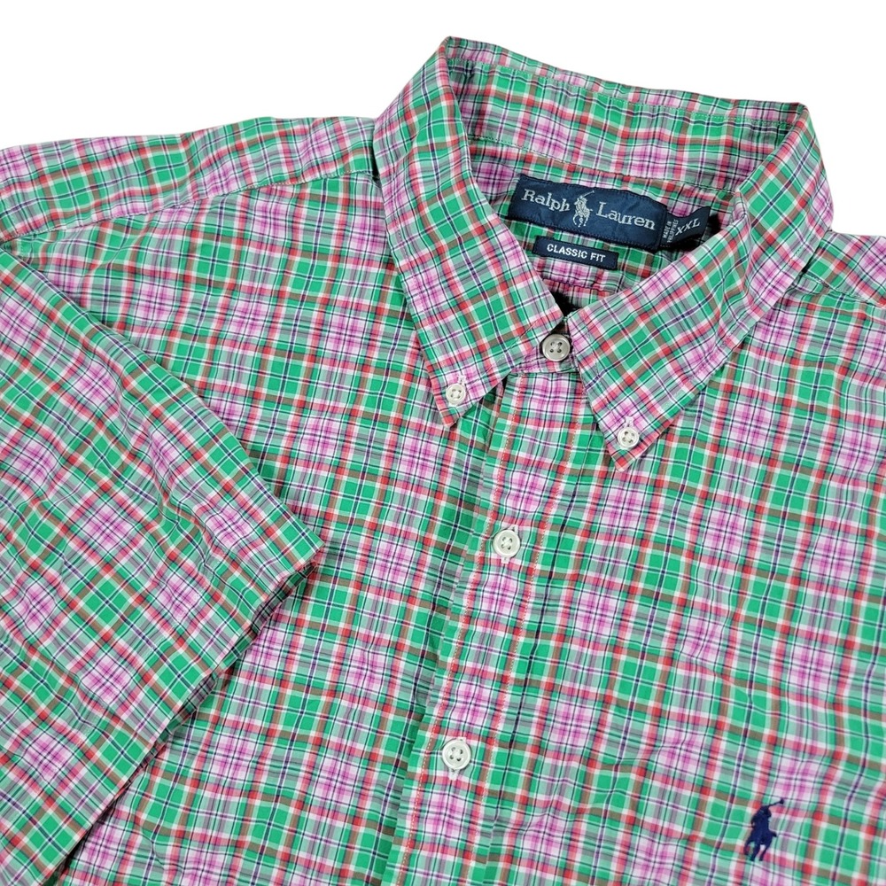 Ralph Lauren Button Down Shirt Mens XXL Green Pink Plaid Classic Fit Preppy
